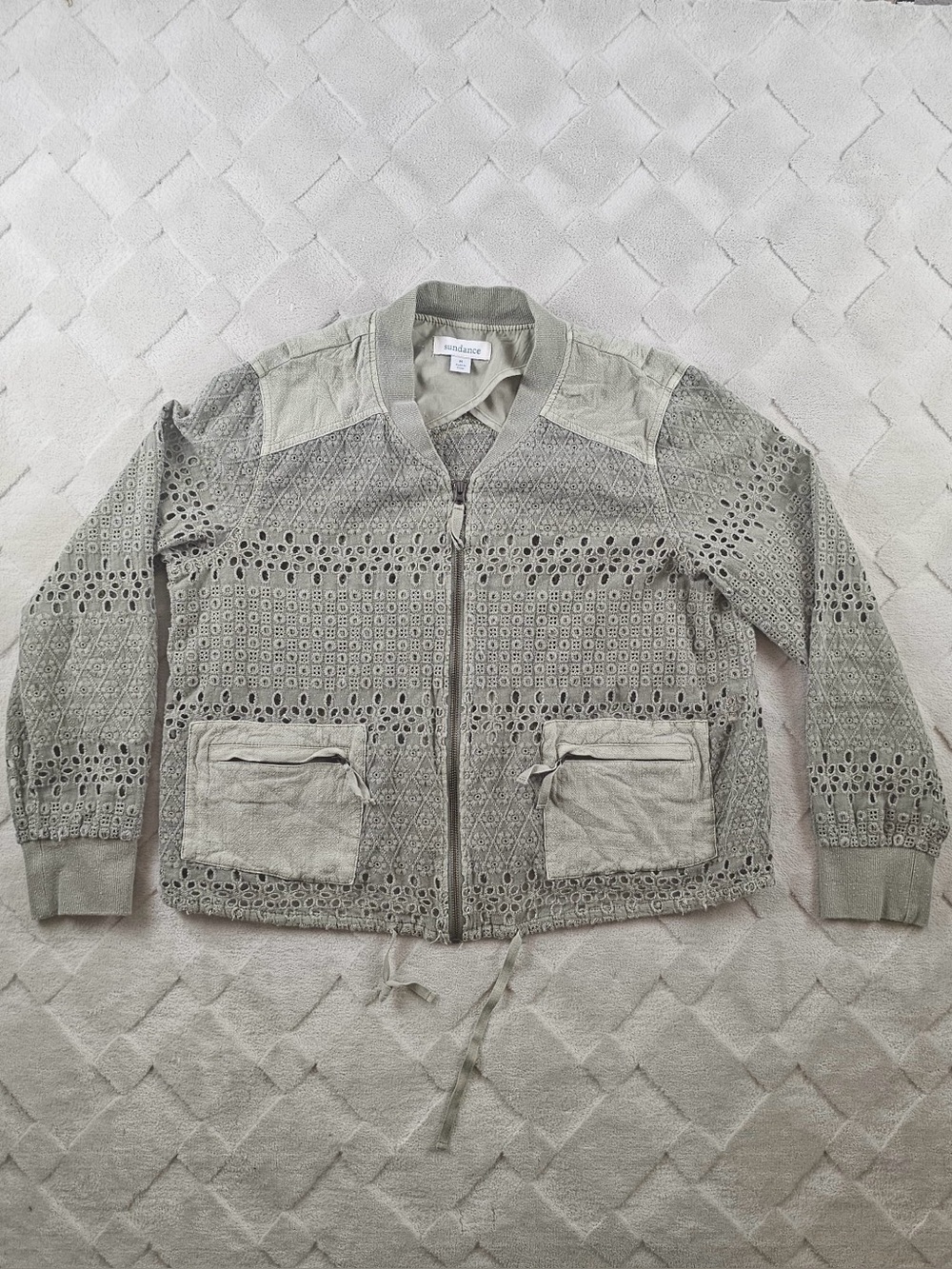 Sundance Eyelet Bomber Jacket Womens Medium Full Zip Boho Western